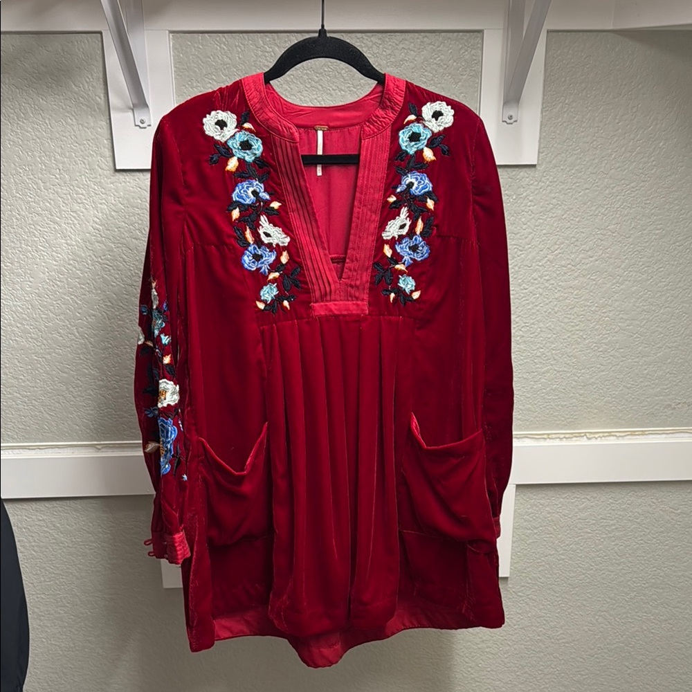 Free People Red Embellished Long Sleeve Velvet Dress